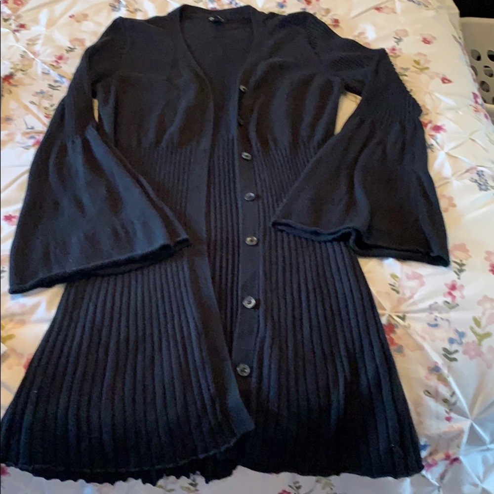 Long Gauge Black Cardigan Duster w Bell Sleeve